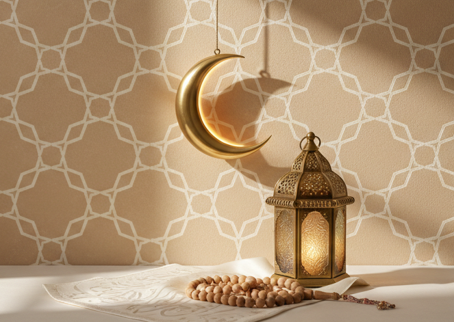 Create a peaceful and elegant Islamic-themed website banner for a gift store.
The atmosphere should feel calm, spiritual, and warm.

Scene details:

Soft natural lighting, calm and serene mood

Minimal Islamic aesthetics

Elements like subtle crescent moon, geometric Islamic patterns, soft lantern light, prayer beads, or delicate calligraphy-inspired textures

Neutral and warm color palette (beige, cream, soft gold, muted green, ivory)

No human faces

No religious text that is too dominant

Clean, premium,