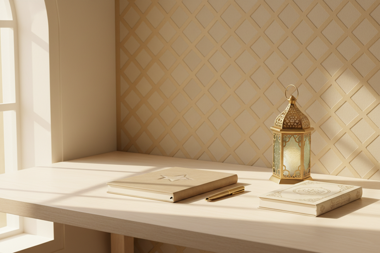 DESTEK / MÜŞTERİ HİZMETLERİ GÖRSELİ PROMPTU – MANEVİNUR (İNSANSIZ)

Create a calm, reassuring, Islamic-themed customer support visual without any people.

Concept:

A peaceful, symbolic support scene that conveys trust, care, and accessibility

No humans, no faces

Visual elements:

Soft sunlight rays coming through a window (symbol of warmth and support)

Minimal desk or surface with simple objects (e.g. notebook, pen, closed book, decorative lantern)

Subtle Islamic geometric patterns in the background

